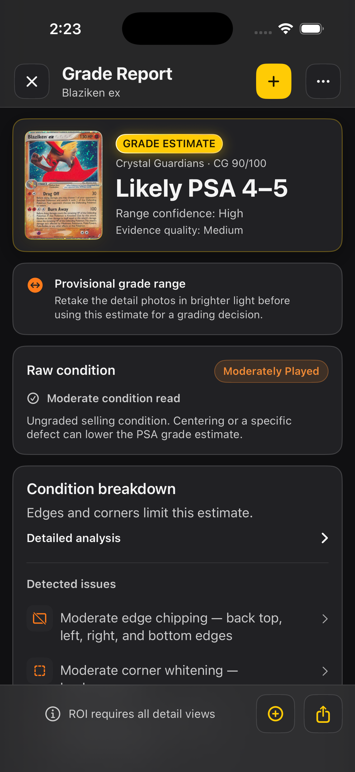 Saved Slabbies Blaziken ex report showing a provisional PSA 4–5 range, with edges and corners limiting the grade